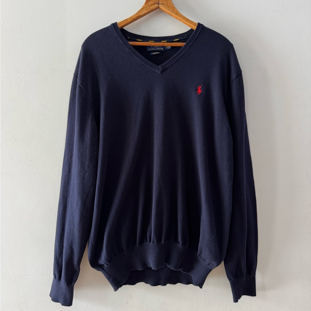 Polo by Ralph Lauren Navy V-Neck Sweater, Sz XL, Pima Cotton, preppy,‎ classic